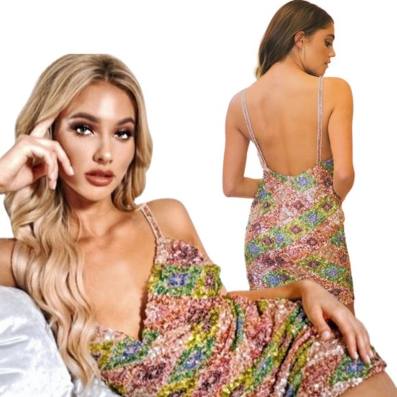 Stunning Pastel sequin Low Back Mini Dress - Picture 2 of 11